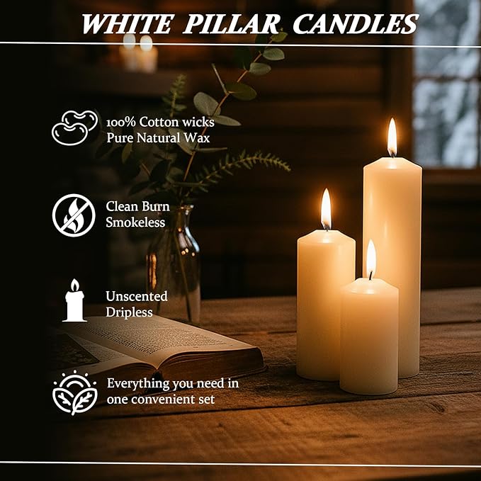 36 Pack White Pillar Candles Bulk Set, 2x3 2x4 2x6 Inch - 12 Each Size, Dripless Smokeless Clean Burning for Wedding Centerpieces, Home Decor, Church, Romantic Ambiance！