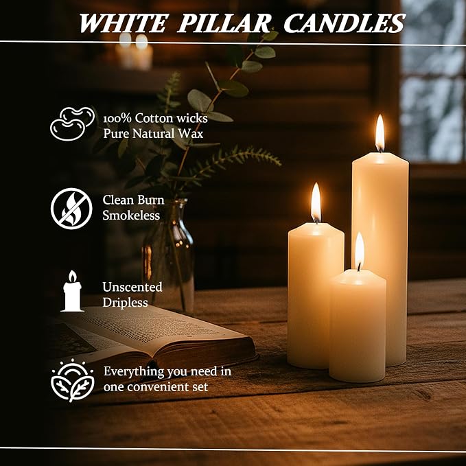 36 Pack Ivory Pillar Candles Bulk Set, 2x3 2x4 2x6 Inch - 12 Each Size, Dripless Smokeless Clean Burning for Wedding Centerpieces, Home Decor, Church, Romantic Ambiance！