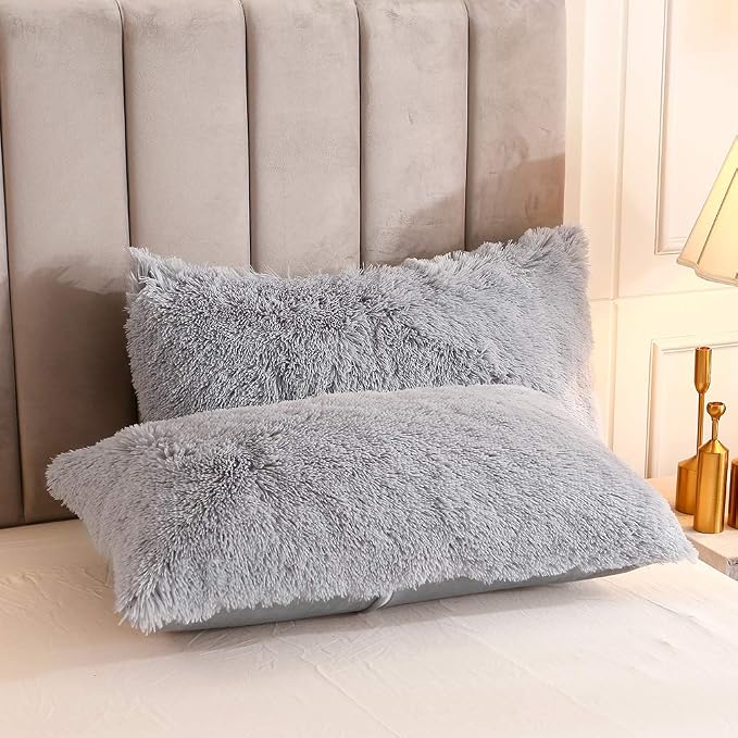 Faux Fur Velvet Fluffy Bedding Duvet Cover Set Down Comforter Quilt Cover with Pillow Shams, Ultra Soft Warm (Queen, Light Gray)