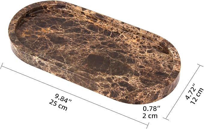 Oval Marble Bathroom Vanity Tray, Natural Luxury Marble Home Kitchen Bathroom Table Tray, Stone Decorative Countertop Tray for Coffee Perfume Jewelry (Dark Brown, 10" x 5" x 0.6")