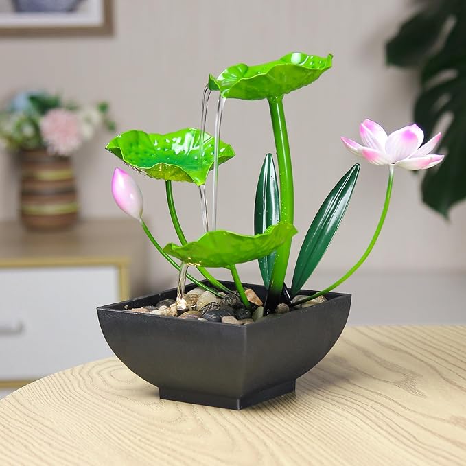 Water Fountain Indoor Waterfall Fountain 3-Tier Tabletop Fountain Lotus Desk Relaxation Home Decor Including Lots of Rocks and Soothing Sound Machine (Green 2)