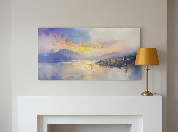 Ardemy Sunrise Lake Canvas Wall Art 40"x20"- Misty Morning Mountain Landscape with Lakeside Cabin, Hand-Textured Soft Glow Picture for Living Room Bedroom Home Office Decor