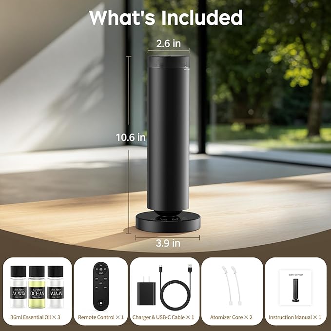 Waterless Scent Diffuser Kit with Lights -Max 1000 Sq Ft Coverage, Essential Oil Diffuser for Home,Hotels,Offices,Spas,Aromatherapy Diffuser Large Room, Included 108ml Scent Oils, Black, 10.6In