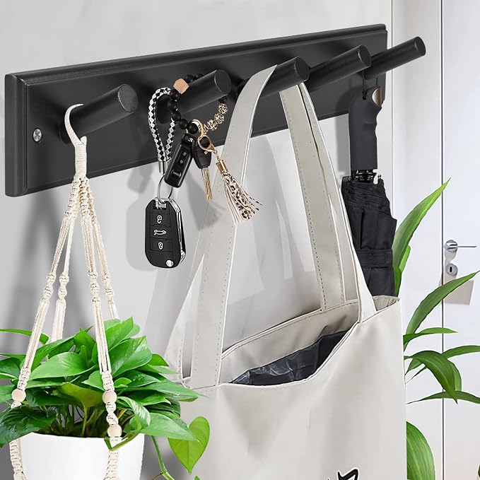 Wooden Coat Rack 2Pcs, 16'' Hole to Hole Wooden Wall-Mounted Coat Hooks, 5 Pegs Bamboo Wall Hooks for Hanging Towels, Hats, Robes, Clothes, Keys, White