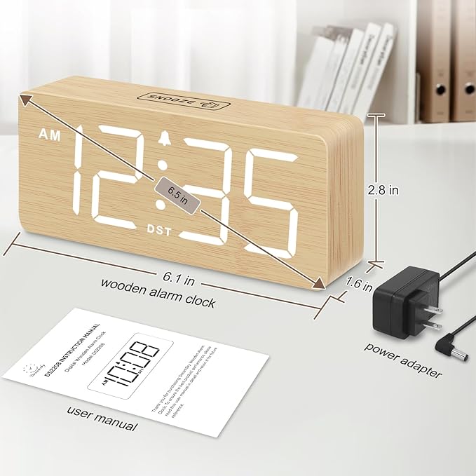 DreamSky Wooden Digital Alarm Clock for Bedroom - Desk Clocks for Living Room with Large Numbers, Dimmer, Loud Alarm for Heavy Sleepers with Volume Control, DST, Office Wood Decor (Plug in Clock)