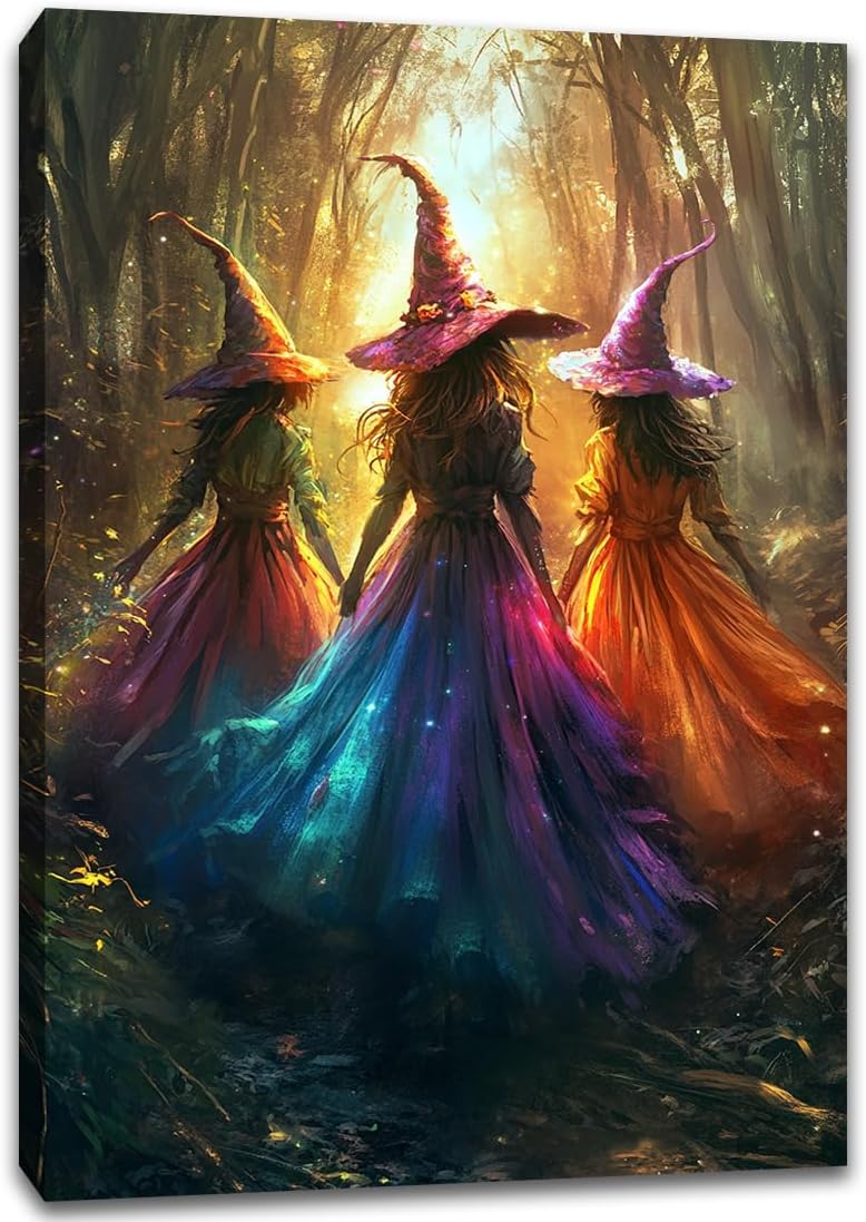 Halloween Room Decor Wall Art Colorful Witch Prints,Vintage Three Colorful Witches in Forest Halloween Posters,Fall Fantasy Aesthetic Pictures Playful Art Wall Decor for Bedroom,20"x30" Framed
