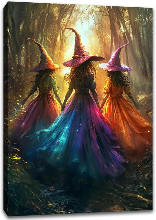 Halloween Room Decor Wall Art Colorful Witch Prints,Vintage Three Colorful Witches in Forest Halloween Posters,Fall Fantasy Aesthetic Pictures Playful Art Wall Decor for Bedroom,12"x18" Framed