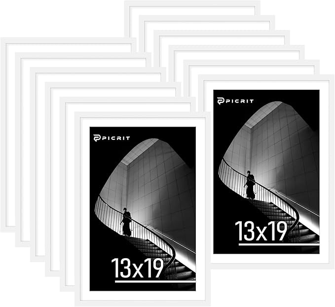Picrit 13x19 Poster Frame Set of 12, Display Pictures 11 x 17 with Mat or 13 x 19 without Mat, White Wall Gallery Photo Frames Display for Home Decor
