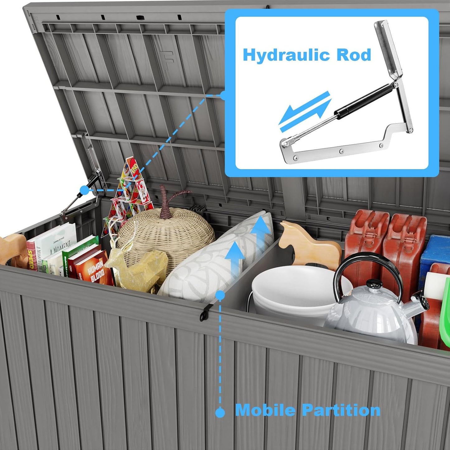 Vixzen 180 Gallon Resin Deck Box, Lockable Outdoor Storage Box for Patio Cushions Storage Furniture,Garden Tools, Pool Supplies, Weatherproof and UV Resistant- Grey