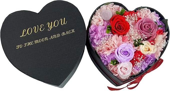 Preserved Roses Heart Shape Box Valentines Day Gifts for Her Mothers Day Forever Flowers (Multicolor-red, One Size)