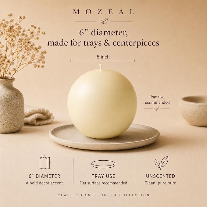 MOZEAL Hand-Poured, 6 Inch Ivory Large Round Ball Candles - Elegant Ivory Round Pillar Candles, Dripless, Unscented, Smokeless, Ideal for Weddings and Elegant Celebrations