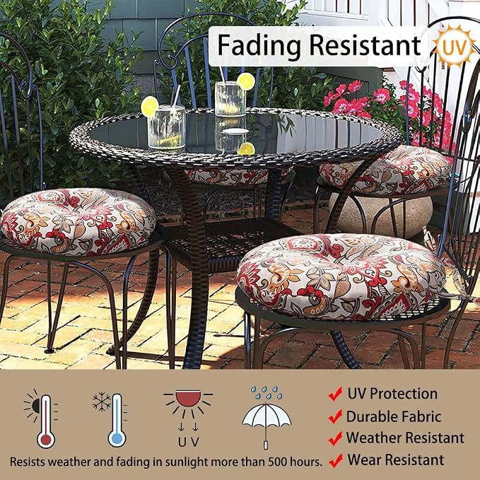 Magpie Fabrics Outdoor Round Bistro Seat Cushions with Ties, 15"x15"x4" Set of 2, Tufted Waterproof Barstool Chair Pads for Patio Home Garden Office, Floral Red Orange