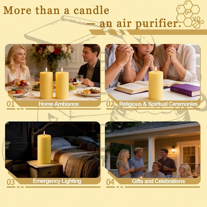 Natural Beeswax Candles Pillar 3x6 Inch, 2 Packs, Large Pure Beeswax Pillar Candles for Emergency Prayer Home Decor, 100 Hours Long Burning Time Bees Wax Candle for Relax, Smokeless & Dripless
