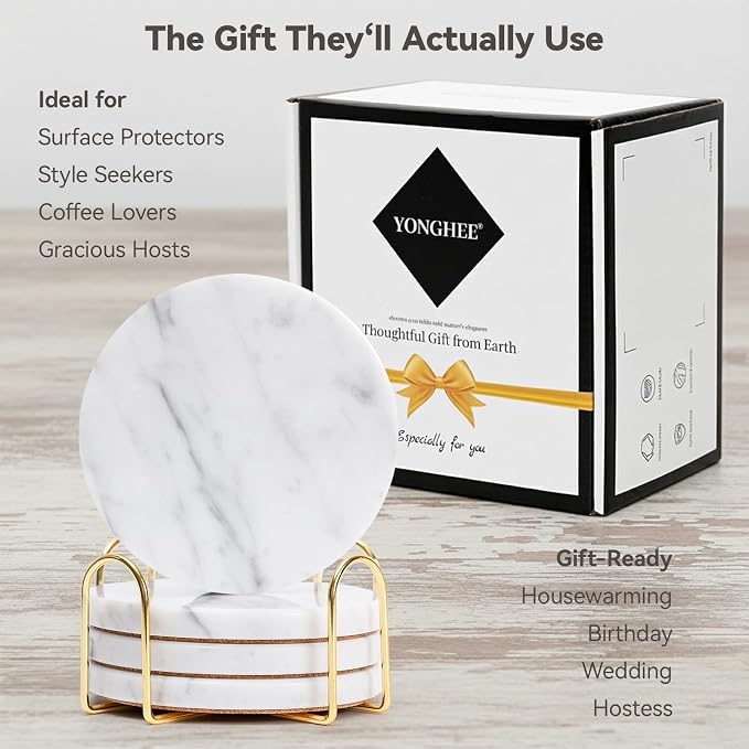Soft White Marble Coasters Set of 4 with Holder, Elegant Drink Coasters for Coffee Table, 4" Polished Natural White Stone Coaster with Grey Veins – Heat Resistant, Non-Slip, Housewarming Gift