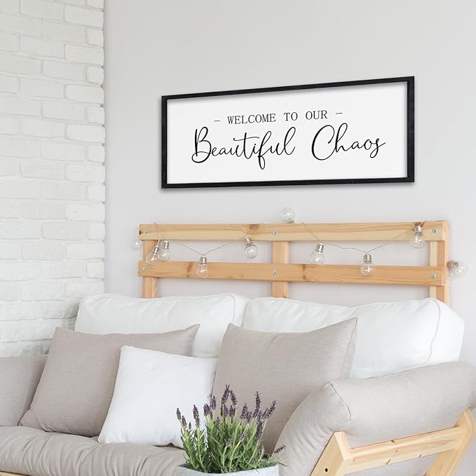 Surfapans Welcome To Our Beautiful Chaos Living Room Sign Wall Decor 32"×12" Rustic Large Family Wooden Plaque for Home Entryway Wall Hanging Art (Black)