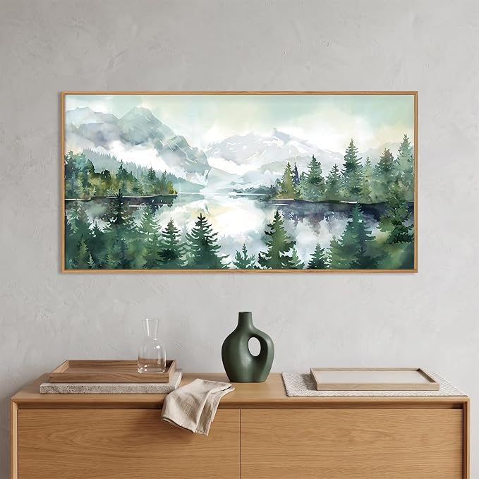 Watercolor Mountain Framed Canvas Wall Art Set,Green Forest Lake Wall Decor,Nature Boho Pine Tree Wall Painting,Foggy Wilderness Landscape Artwork for Living Room,Bedroom,Office-40 X20 X1