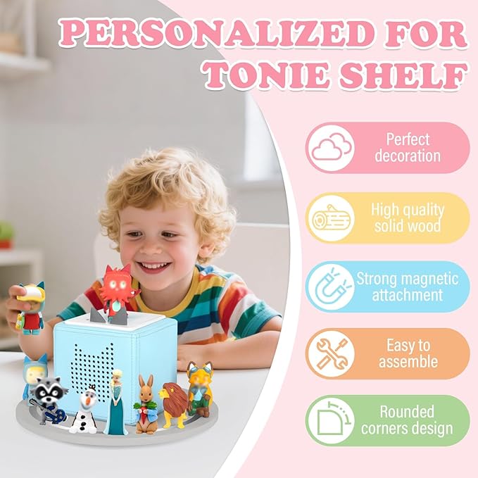 360° Round Turntable for Tonies Box 1/2 Organizer Storage Shelf, Magnetic Stand Holder for Toniebox Player Tonies Figures, Display Collection 10~15 Tonie Box Characters (Gray)