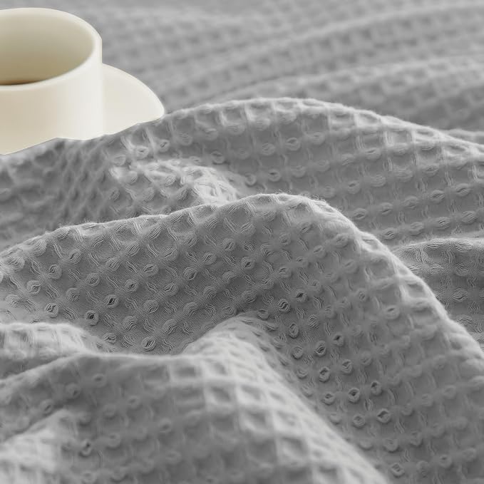 PHF Pre-Washed 100% Cotton Waffle Weave Throw Blanket for Couch, Lightweight Breathable Bed Blanket for Spring Summer, Snag Proof Machine Washable, Home Decor Gift - Light Grey