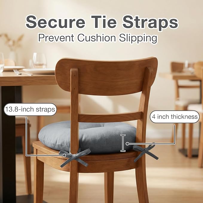 Dark Grey Bistro Chair Cushions Set of 2, Round Seat Chair Pads with Ties for Dining Room Patio