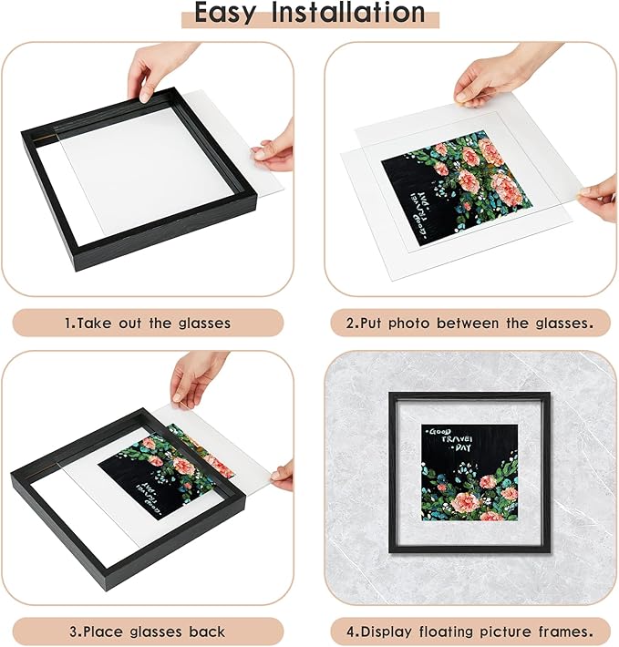 MUYE 12x16 Floating picture Frames Set of 2,Double Glass Frame,Display Any Size Photo up to 12x16,Wall Mount or Tabletop Standing,Black