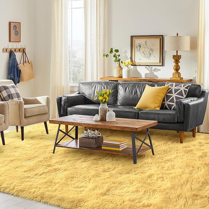 FinRèc Soft Yellow Rugs for Bedroom Living Room, 5x7 Feet Fluffy Shaggy Area Rug, Non-Slip Fuzzy Furry Shag Rug for Nursery Kids Room Dorm Room Home Decor, Indoor Plush Floor Carpet