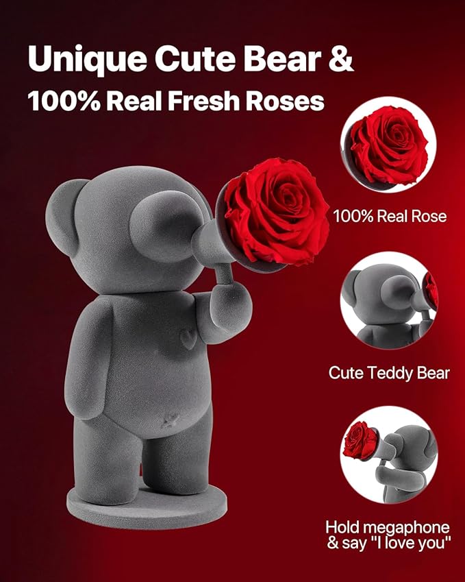 JoyFlower Preserved Flowers with Cute Teddy Bear, Eternal Real Rose Romantic Gift, Red Rose Bear with Gift Box for Girlfriend Wife Her in Valentine's Day, Birthday, Christmas, Weddings, Anniversaries