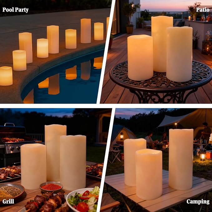 8" 10" 12" x 5" Extra Large Waterproof Outdoor Flameless Candles Battery Operated LED Pillar Candles for Indoor Outdoor Lanterns, Off White, Long Lasting, Set of 3