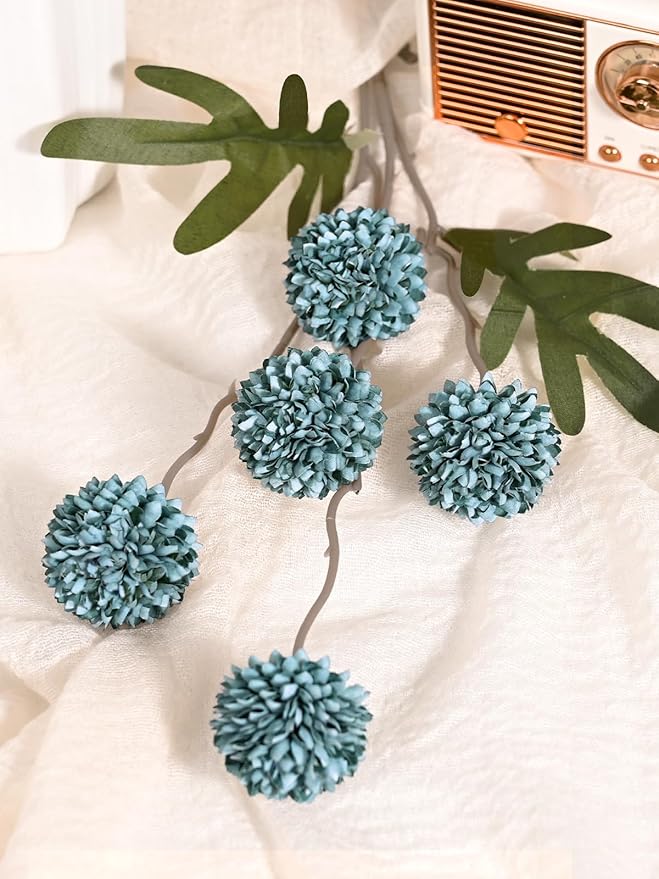 Waipfaru 10pcs Fake Silk Pompon Mum Artificial Flowers, Bulk Faux Mini Chrysanthemums, for Centerpieces Wedding Fillers Champagne Arrangements Shower Decorations, Blue