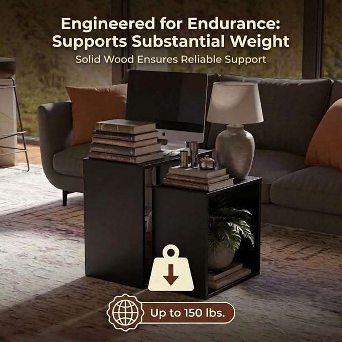 Relso Cascade Nesting Tables Set of 2 - Solid Wood with Smooth Rounded Edges for Stylish Living Room, Bedroom Or Outdoor Use - Space-Saving Design, Natural Grain, Long-Lasting, Black Finish