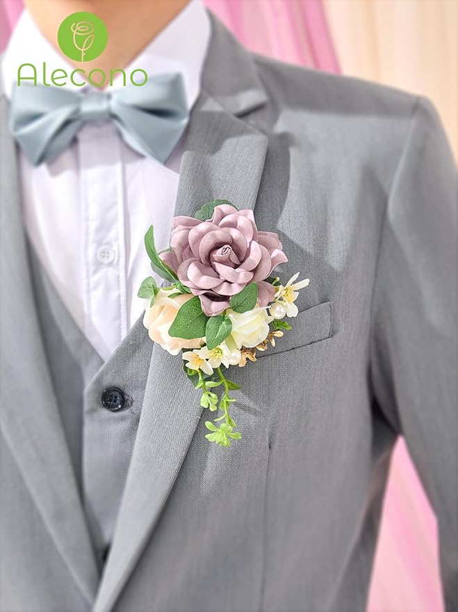 Alecono Boutonniere for Men, Set of 2 for Wedding Groom Groomsmen, Purple Artificial Flowers for Ceremony Anniversary Marriage Graduation Prom Dinner Party Homecoming