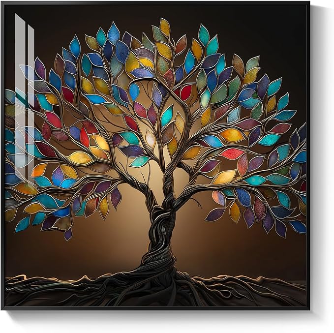 Framed Square Tree of Life Wall Art, Modern Contemporary Tree Painting Prints Artwork for Walls, Dark Colorful Elegant Picture for Living Room Bedroom Kitchen Office Dining Room Wall Decor, 30x30 In