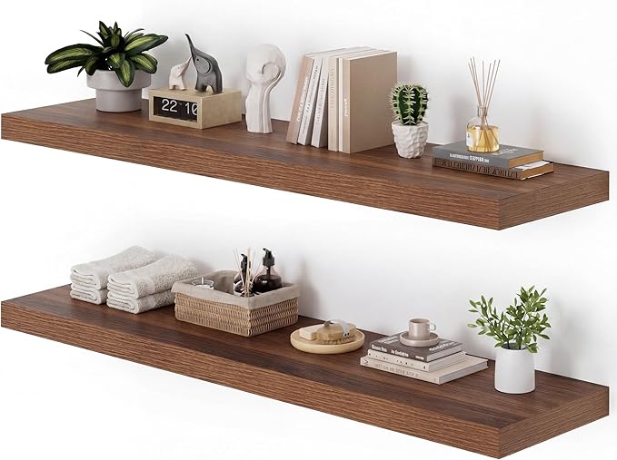 Heimlove 48W x 12D Long Floating Shelf, 12 Inch Deep Floating Shelves for Wall Set of 2, Wood Shelves for Bedroom Living Room Bathroom Kitchen Home Office, Walnut
