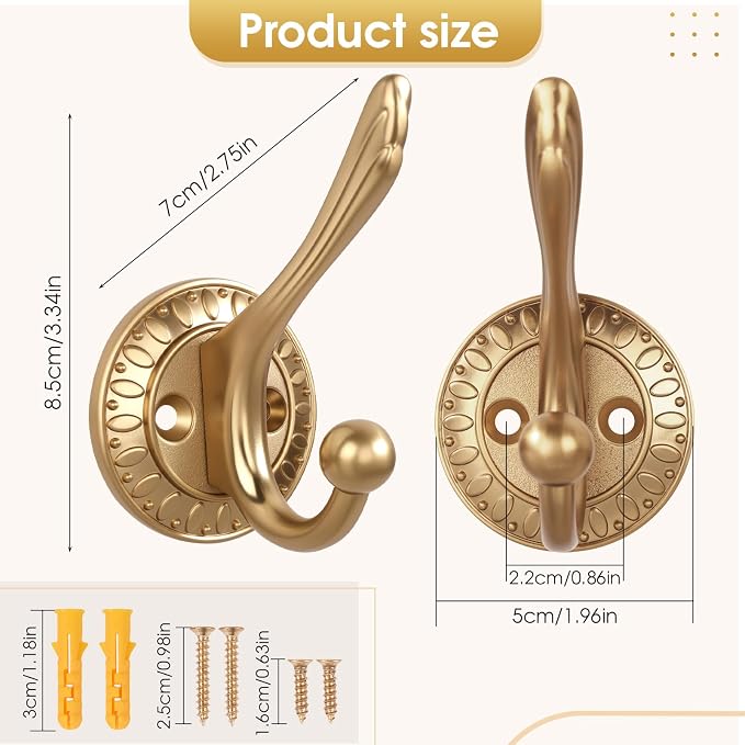 Champagne Bronze Heavy Duty Wall Hooks – 6 Pack Black Coat Hooks for Hanging Coats,Robes,Bags,Hats,Wall Mounted with Includes Two Types of Installation Screws YDCB