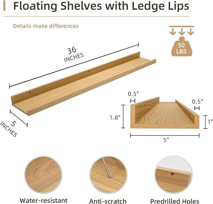 36 inch Picture Ledge Shelf, Wood Floating Shelves, Color Oak, Set of 2 | Photo Ledge, Wall Mounted, For Nursery Book Living Room Kids' Room Bedroom