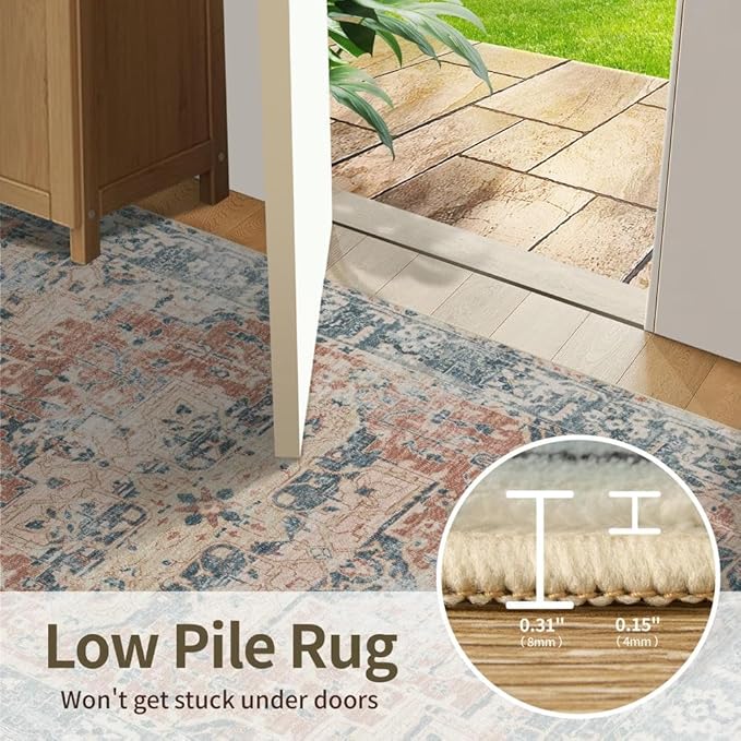 Rugxara 8x10 Area Rugs for Living Room Bedroom, Large Washable Rug, Coral Vintage Retro Boho Rug, Non Slip & Low Pile Faux Wool Thin Carpet for Indoor Dining Room, Kids Room(Coral Blue 8x10ft)