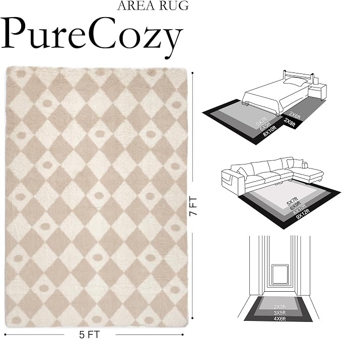 PureCozy Checkered Rug 5x7 Fluffy Shag Living Room Beige Area Rug Modern Washable Carpet Soft Shaggy Non Slip Indoor Plush Fuzzy Rugs for Bedroom Dorm Office Home Aesthetic Decor