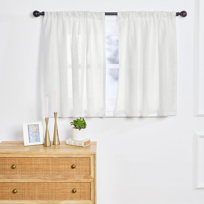 Solino Home 100% Pure Linen Sheer Curtain 24 Inches - European Flax White Curtain 52 x 24 Inch - Light Filtering Rod Pocket Window Treatment Panel for Kitchen, Cafe, Bedroom, Living Room - 1 Panel