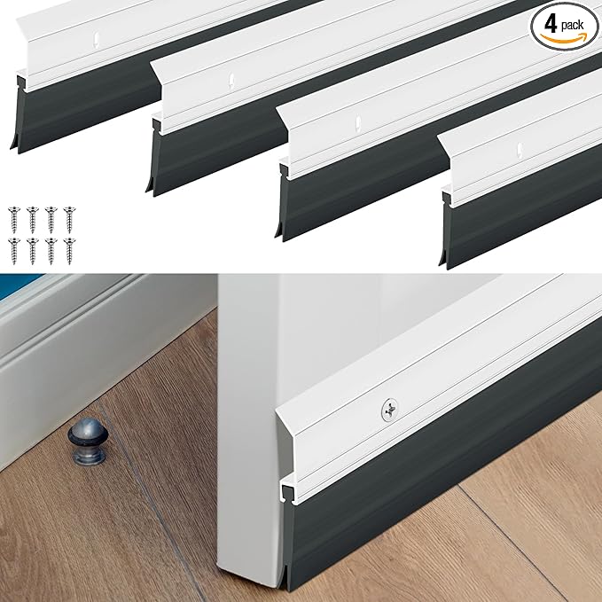 Hushee 4 Pack 36 Inch Double Rubber Door Seal Sweep, Dust-Proof Aluminum Door Sweep, Reduces Cold Air Loss Saves Energy All-Season Draft Stopper for Interior Exterior Home & Commercial (Sliver)