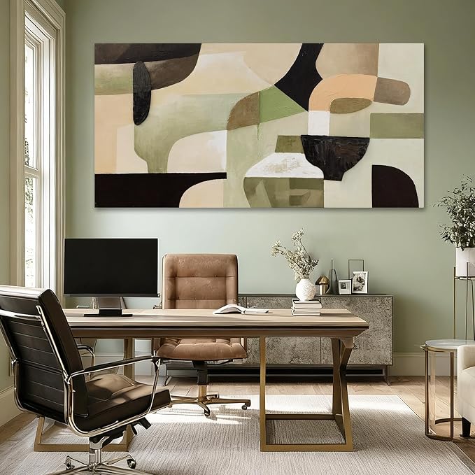 ZUNARE Abstract Green Neutral Bowl-shaped Wall Art Mid Century Inspired Color Block Design Oriental Aesthetics Ceramic vessel form Artwork for Living Room Bedroom Office Decor 29x58 Inch