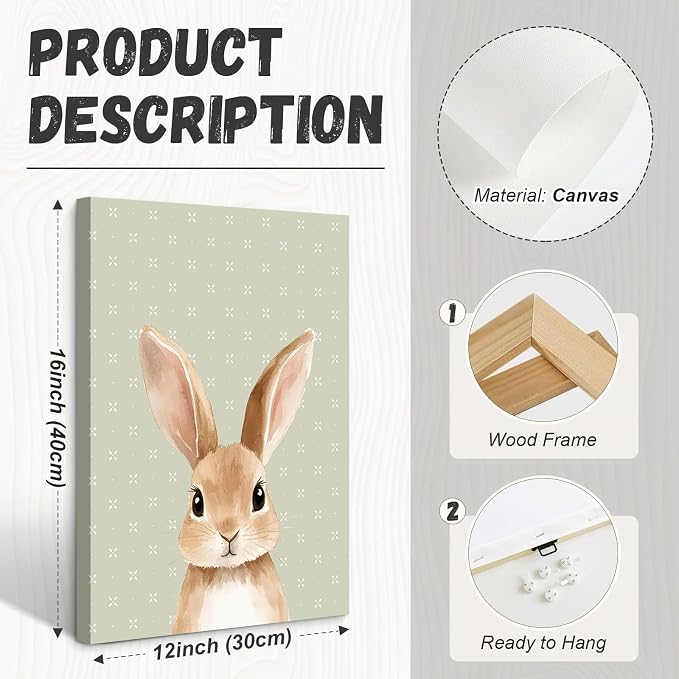 Woodland Animal Nursery Wall Art Baby Kids Canvas Poster Safari Animal Wall Decor Jungle Forest Prints Bear Fox Deer Pictures Sage Green Painting Neutral Artwork for Bedroom 12x16x6 Inch Ready to Hang
