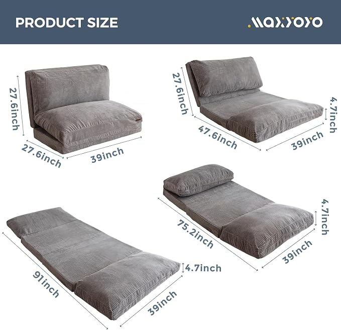 MAXYOYO Folding Sofa Bed, Extra Thick and Long Floor Sofa Convertible Chair with Washable Cover, Floor Couch Lounge Bean Bag Bed for Living Room, Grey, 39x91 Inch