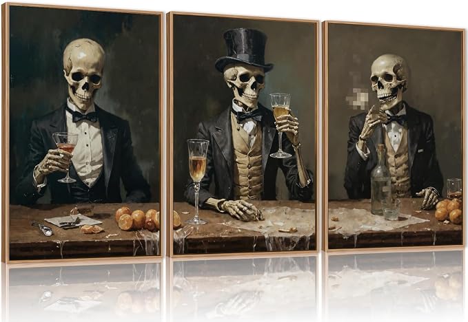 FWIEXA Halloween Skeleton Canvas Wall Art Set of 3, Gothic Skull Framed Painting Artwork, Dark Reaper Prints, Creepy Spooky Decor 24x36In for Party, Bar, Gift, Living Room, Bedroom
