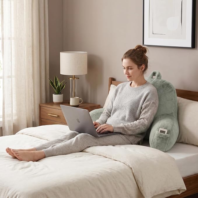 Large Plush Backrest Pillow for Sitting in Bed,Faux Fur,Green | 19" Back Pillow with Arms Supports Adults,College Students,Elbows & Forearms for Dorm Reading,Gaming,Watching TV