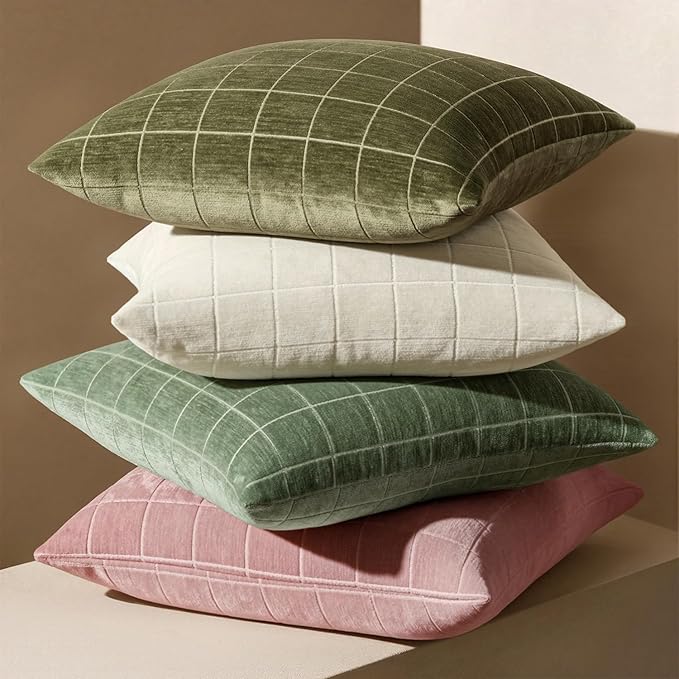 MIULEE Decorative Chenille Check Throw Pillow Covers Vintage Plaid Couch Pillows 18x18 Inch Set of 2 Neutral Boho Farmhouse Cushion Covers Modern Home Decor for Sofa Bed Living Room Olive Green