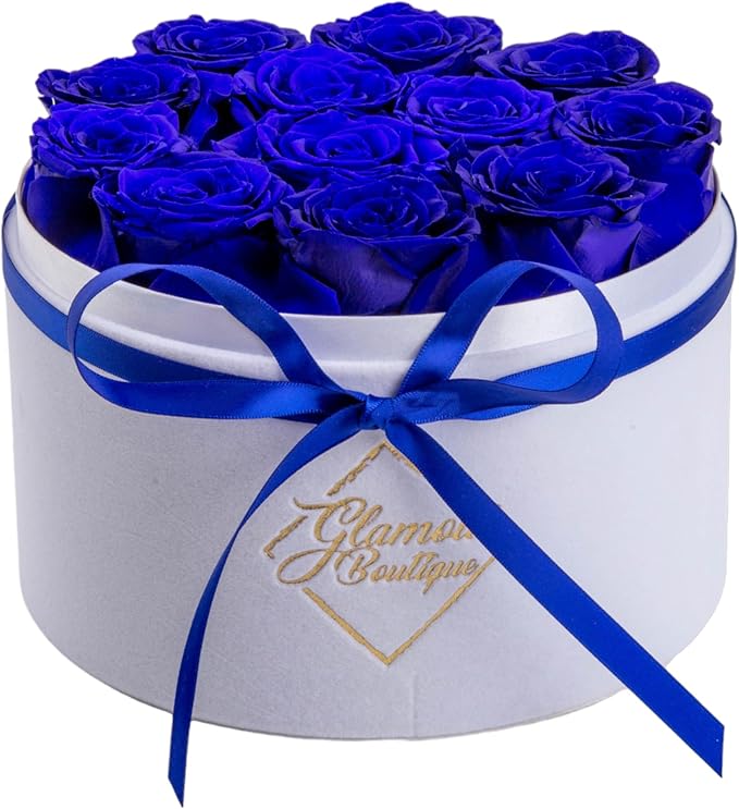 GLAMOUR BOUTIQUE Flower Forever Gift Box, 12 Real Preserved Roses in Round Velvet White Box, Handmade Floral Gift with Rose Petals for Birthday, Anniversary or Graduation, Blue (Color-Treated)