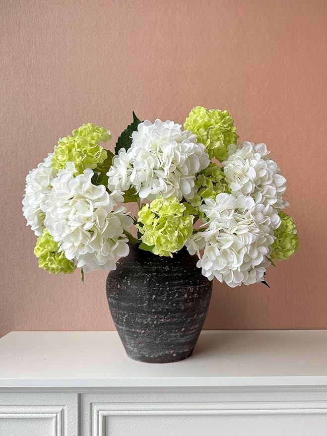 RUZUQE YalzoneMet 4pcs Viburnum Artificial Flower Snowball 26.8'' Long Stem Green Small Hydrangea Flower Real Touch Lifelike Latex Flower for Home Christmas Decoration Xmas Table Flower