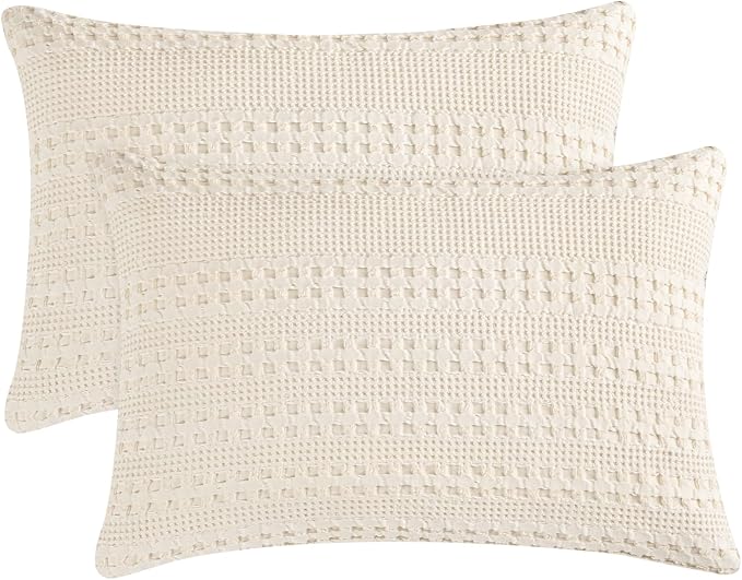 PHF Waffle Weave Pillow Shams Queen Size, 2 Pack 100% Cotton Pillowcases 20" x 30", No Insert, Soft & Breathable Aesthetic Woven Pillow Case Covers for Bedroom Decor, Natural