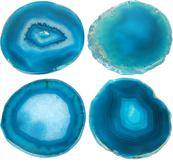 Blue Agate Coaster Set of 4 for Coffee Table | Natural Geode Coasters for Drink, 3.5-4" Stone Coaster Agate Decor for Housewarming Birthday Wedding Gift Father's Day