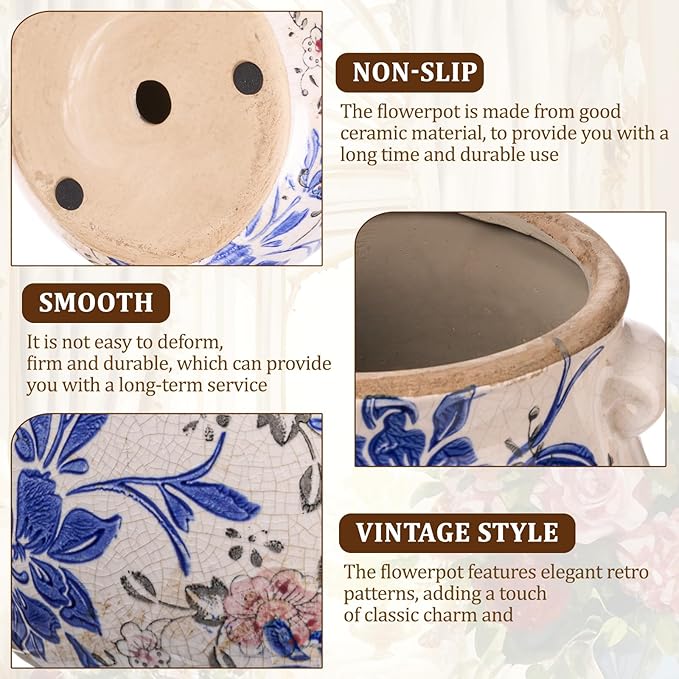 Ceramic Scroll Planter 6.5 Inch Chinoiserie Floral Vase with Drainage Holes Vintage Flower Vase Flower Pot Rustic Ceramic Pots for Indoor Plants Garden Home Bookshelf Decor(Blue, Red)
