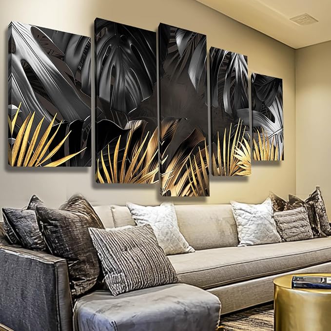 Black and Gold Leaves Painting Wall Decor for Living Room Nature Canvas Art Modern Artwork Framed Prints for Home Bedroom Picture Poster 5 Pieces Ready to Hang (12"x20"x2pcs+12"x28"x2pcs+12"x32")